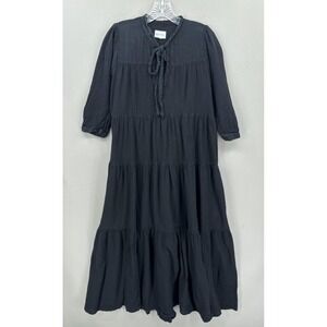 Honorine Dress Womens Small Black Tiered Maxi Boho Cotton Tie Neck Ruffle Hem